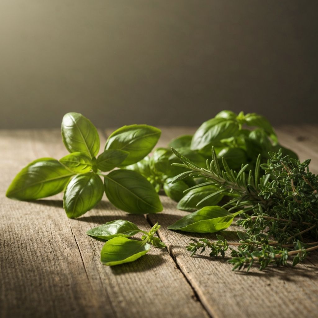 Natural herbs and ingredients on wooden surface